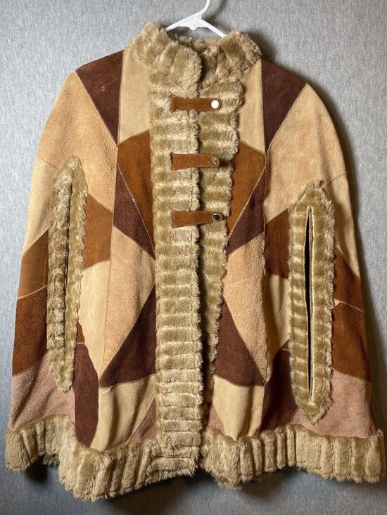 Jackets & Blazers - Vintage Suede Leather Patchwork Poncho Cape Faux Fur Trim Boho Hippie Mexico